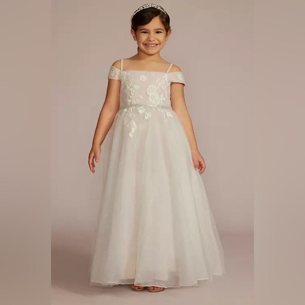 David’s Bridal sparkle organza flower girl dress with applique